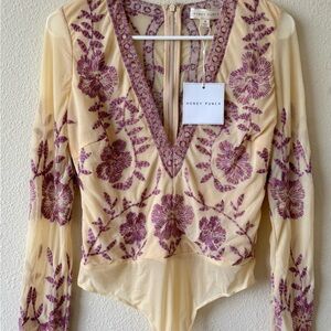 Honey Punch Cream and Purple Embroidered Women's Top